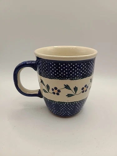 Boleslawiec Polish Art Pottery Mug #110 Flowers Leaves Hand Painted Vintage