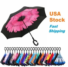 C-Handle Inverted Reverse Umbrella, Flower print (Inside-out, Upside-down)
