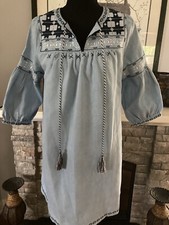 Yichengsenlin Embroidered Boho Granny Chambray 3/4 Sleeve Women Tunic Dress Sz M