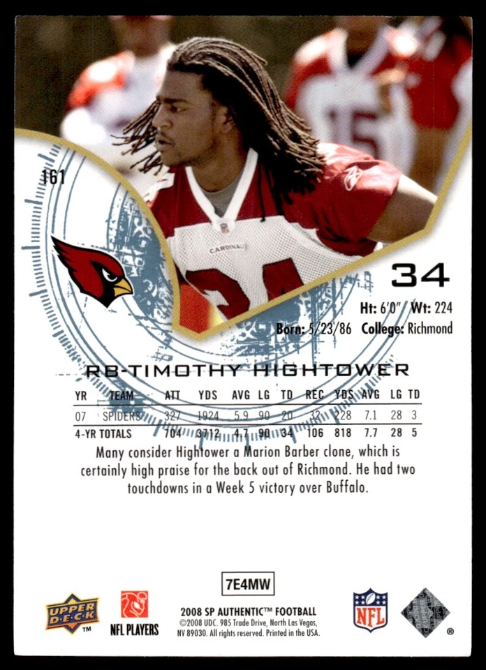 2008 SP Authentic Tim Hightower Rookie /999 Dallas Cowboys #161 R77 - Image 2 of 2