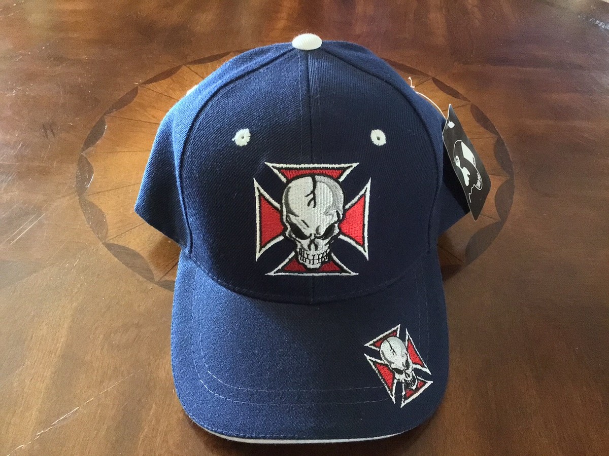New Skull on Iron Cross Baseball Hat Dark Blue White Rim