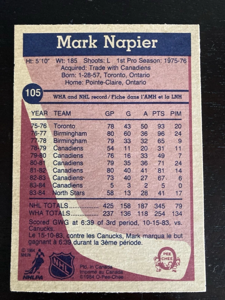 1984-85 O PEE CHEE MARK NAPIER AUTOGRAPH AUTO SIGNED NORTH STARS # 105 - Image 2 of 2