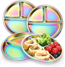 Stainless Steel Kids Plates, 4 Pack round Divided Toddler Plates, Portion Contro