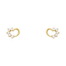 Real 14k Yellow Gold CZ Heart Screw Back Stud Earrings Women