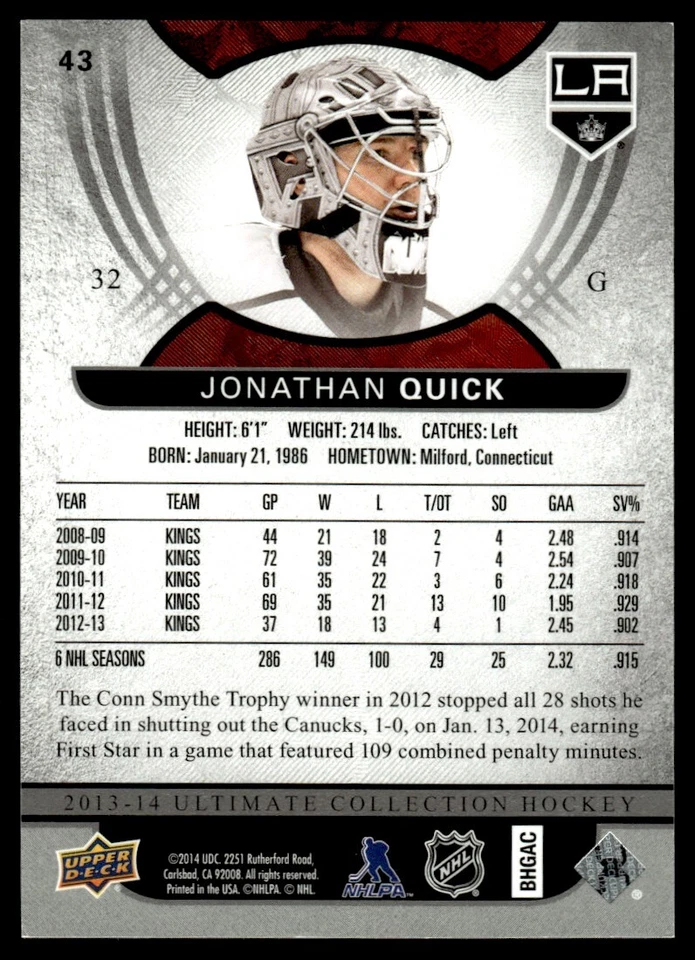 2013-14 Upper Deck Ultimate Collection Jonathan Quick /299 Los Angeles Kings #43 - Image 2 of 2