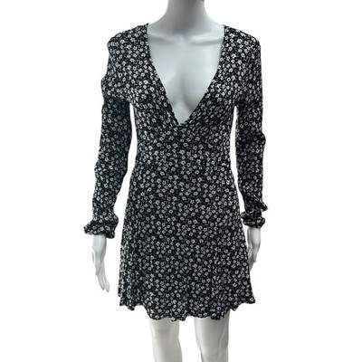 LA Hearts Black White Ditsy Floral V-Neck Long Sleeve Smocked Waist Dress S