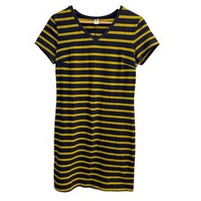 Old Navy Size Medium Cotton Stretch Maize Yellow Navy Blue T Shirt Dress Stripes