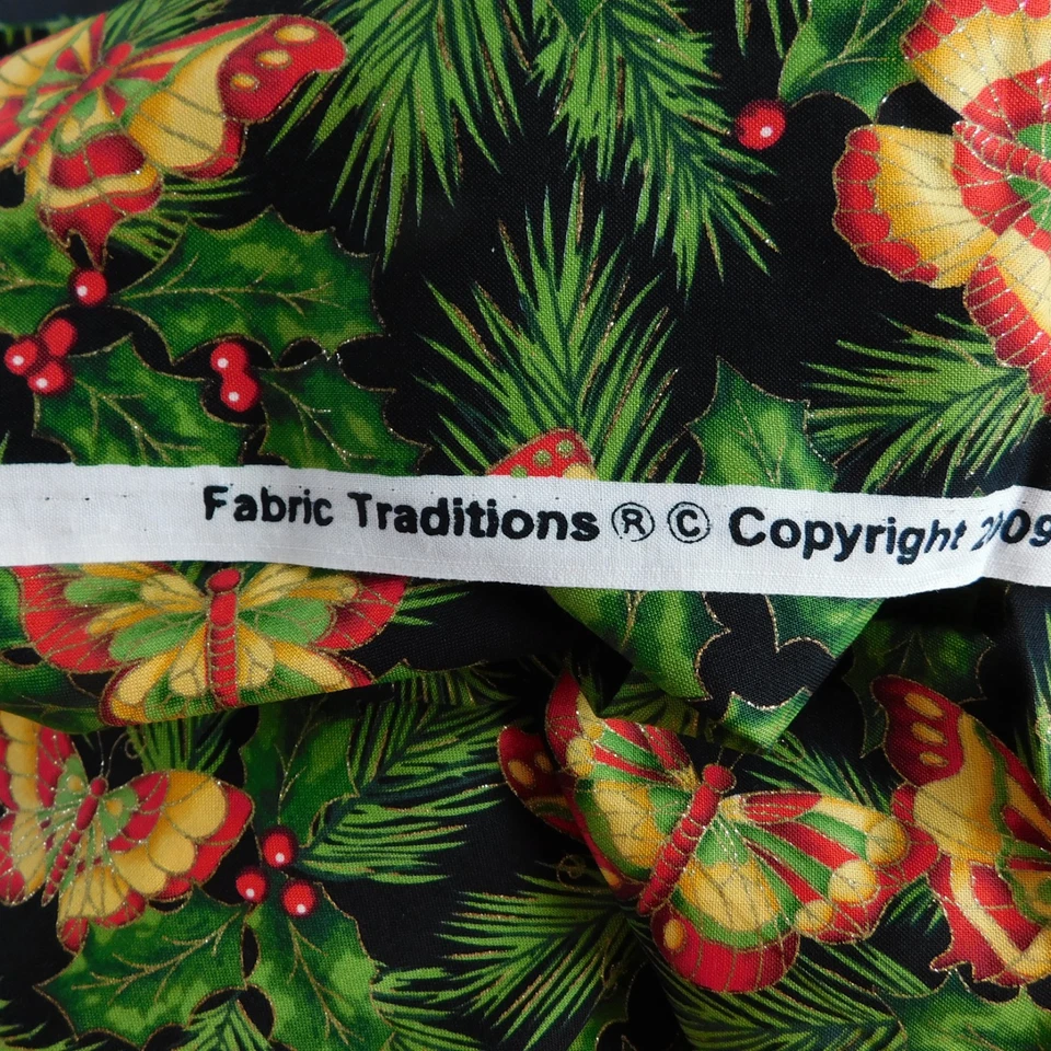 Tela de algodón de Navidad tradiciones acolchado mariposas acebo negro verde 2,6 yardas Foto 2 de 4