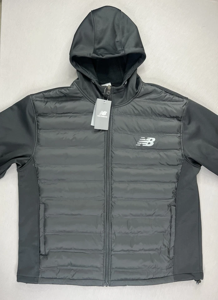 New Balance Puffer Jacket Fleece Lined Hooded Full Zip Black Mens Size Medium - Image 2 of 4