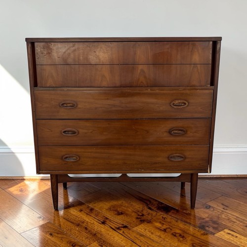 Vintage Mid Century Modern Dresser by Dixie Walnut Highboy Chest 1960s Tallboy