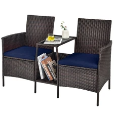 Patio Rattan Wicker Conversation Set Sofa Cushioned Loveseat Glass Table Navy