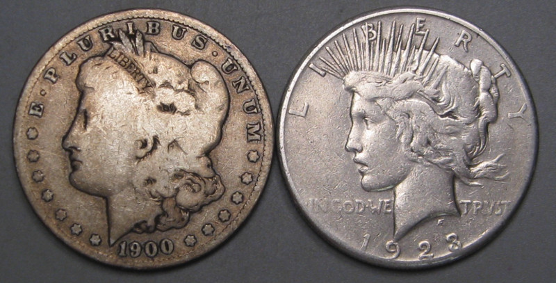 2-US Silver Dollars 1900-o Morgan & 1923-s Peace. #3 w