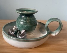 Vtg Ark Studio Art Pottery Chamber Stick Candle Holder Candlestick with 2 Mice