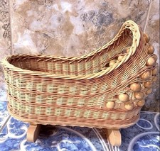 BOHO  16” Wicker Doll Rocking Bassinet Handwoven  Rattan Cradle Nursery Decor