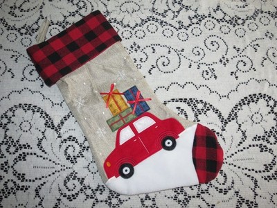 Car with Presents on Top Christmas Stocking Red Buffalo Check Hobby Lobby 17.5''