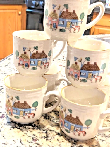Vintage Set of 7 International Stoneware Heartland Farm Coffee Tea Cup Mug