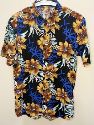 JOGAL Hibiscus Hawaiian Shirt Men's Small Button Down Short Sleeve Black Gold