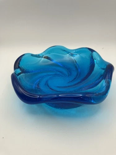 Fenton MCM Cobalt Blue Heavy Art Glass Texture Glimmer Swirl Dish Candy Ashtray