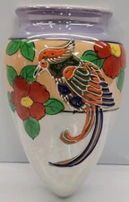 Vintage Japanese Lusterware Wall Pocket Vase Hand Painted Moriage Enamel
