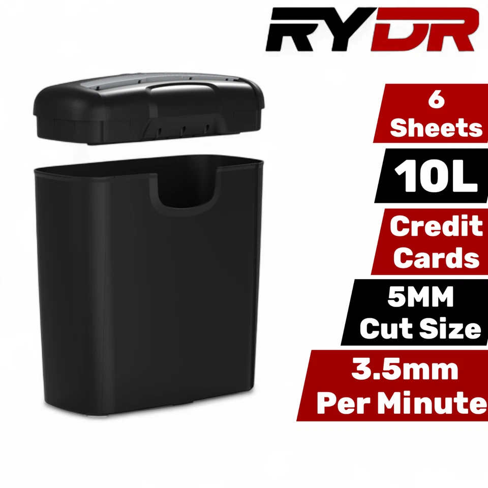 RYDR Paper Shredder 5 Sheet 10 Litre Strip Cut A4 Auto on Reverse Home Office - Image 3 of 4