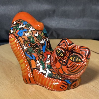Vintage Mexikanische Talavera Katze handbemalt Volkskunst Keramik Figur 8 cm groß