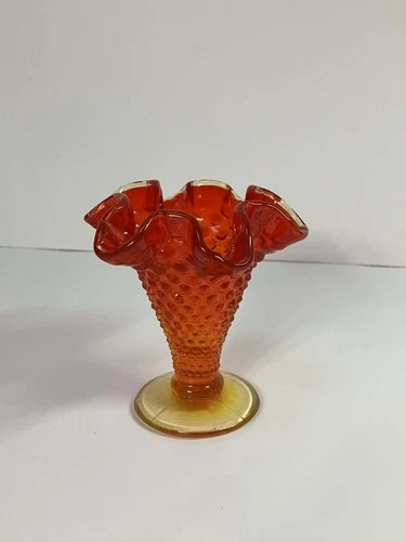Vintage Fenton Amberina Hobnail Glass Ruffle Top Trumpet Vase 4 "