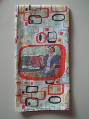 Vtg 50's ORANGE/BLUE/GREEN/WHITE 'You say Tomato' OP ART Cotton DISH TOWEL 25''