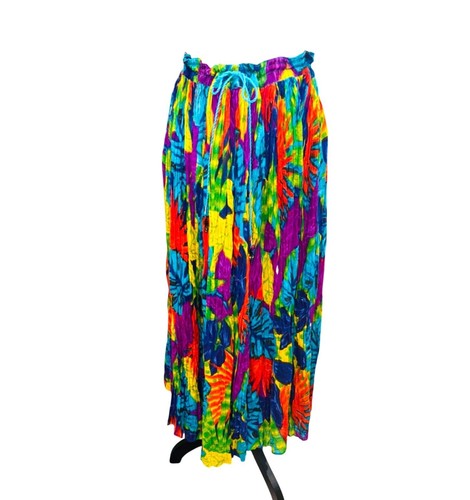 TARA Colorful Pleated Boho Maxi Skirt 100% Cotton Tropical Print Crinkle Texture