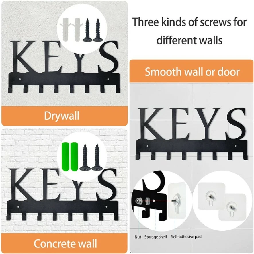 Key Holder for Nail-Free Key Organizer Wall Mounted Hooks Metal Rack Black New - Image 3 of 4