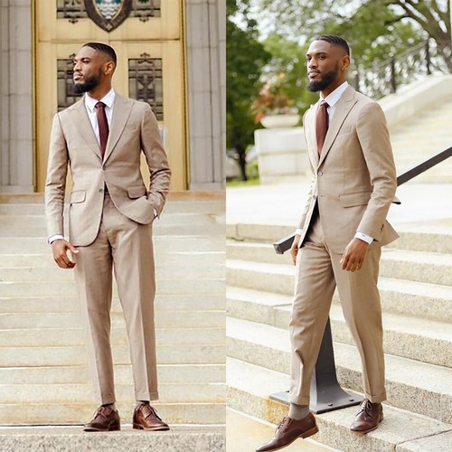 Men Linen Suit Summer Causal Wear Blazer Two Button Clsssic Fit Tuxedos Tailored - Afbeelding 1 van 12