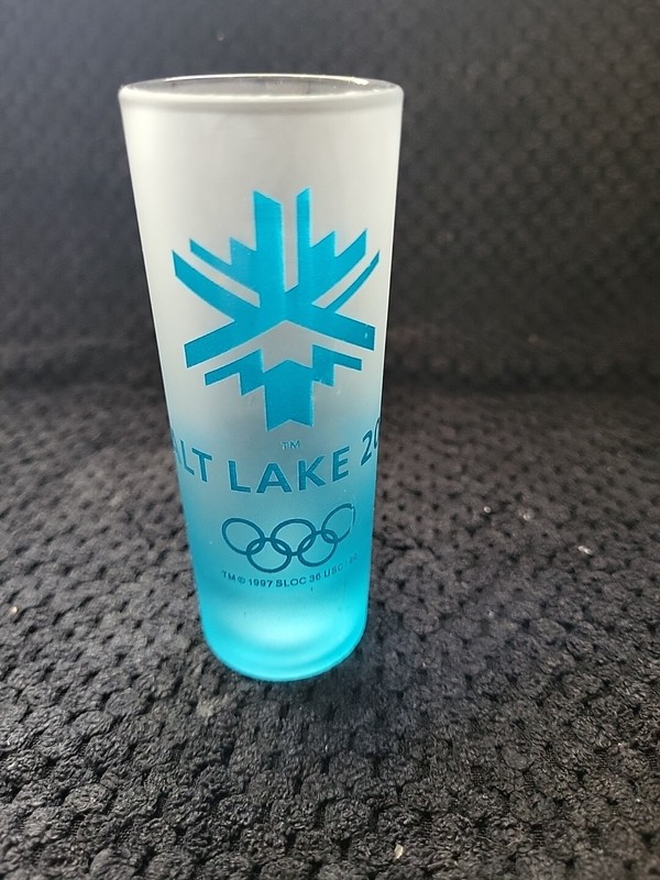 Salt Lake City 2002 Olympics Tall Frosted Blue Ombre 4" Souvenir Shot Glass