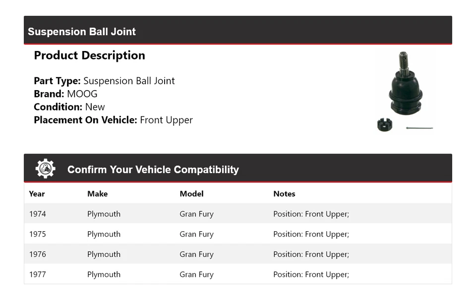 For 1974-1977 Plymouth Gran Fury Suspension Ball Joint Front Upper MOOG 1974 - Image 2 of 4