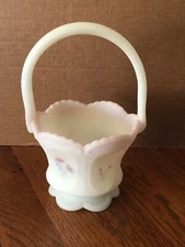VINTAGE FENTON "MEADOW BLOOMS" ON OPAL SATIN BASKET 1985