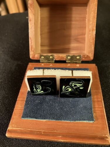 Vintage Copper and Enamel Cufflinks in Wooden Box - Afbeelding 1 van 7