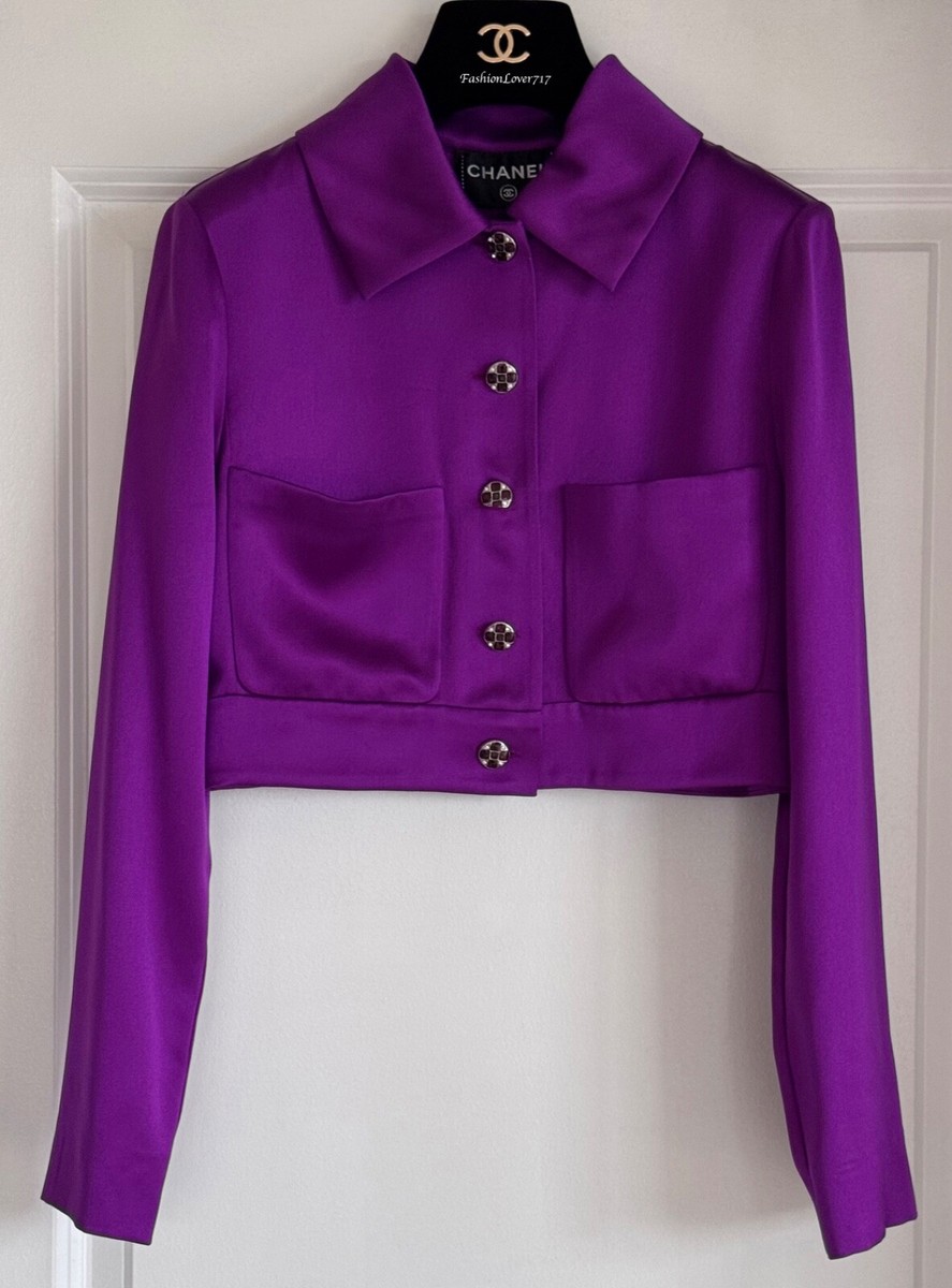 NWT 22A CHANEL PURPLE GRIPOIX CC BUTTONS CROP SILK BLOUSE