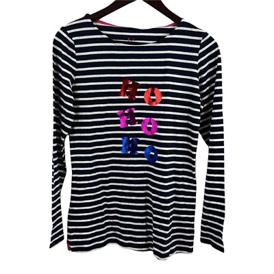 Boden Breton Stripe Ho Ho Ho Metallic Foil Long Sleeve Holiday Tee Size 8