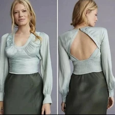NWT Anthropologie Blouson-Sleeve Open Back Blouse Women's Size S Mint