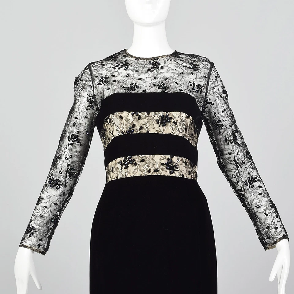 Vestido Victor Costa Negro Terciopelo Años 80 Encaje Ilusión Corpiño Cóctel Fiesta Años 80 Foto 4 de 4