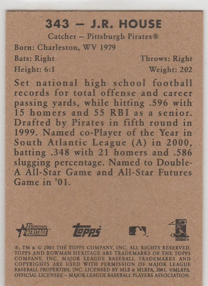 2001 Bowman Heritage #343 J.R. House SP 041-E - Image 2 of 2