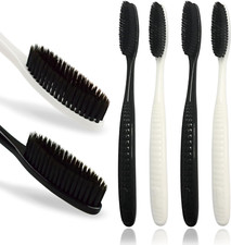 Large Long Head Toothbrush, 4-Pack, Upgraded Hard  Firm Charcoal Bristles, Whit