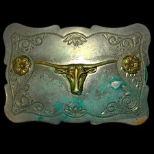 Vintage Western Longhorn Bull Steer Cowboy Belt Buckle Turquoise Nickel Silver