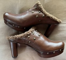 Stuart Weitzman NWOB Leather Fur Lined Platform Slide Mule Clog Wood Heel Sz 10
