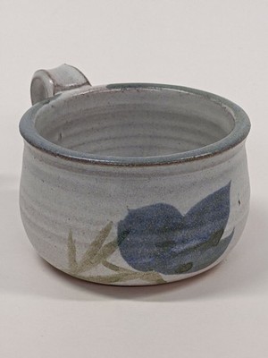 Handmade Studio Pottery Mug Cup Gray Blue Flower Small
