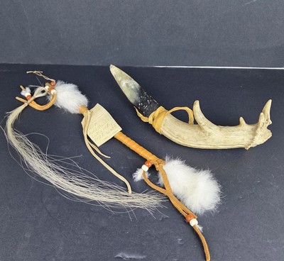 Lot Of Two Native American Ceremonial  Pieces. Antler Knife And Talking Stick