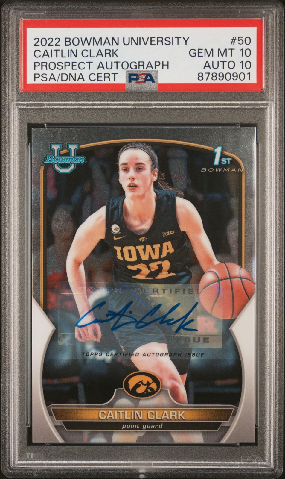 2022 Bowman Chrome University #50 Caitlin Clark 1st Rookie RC Auto PSA 10/10
