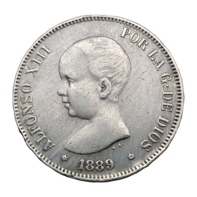 Pièce D'argent Espagnole 5 Pesetas 1889 Alfonso XIII - 24.44g D'argent Pur, Collection Numismatique