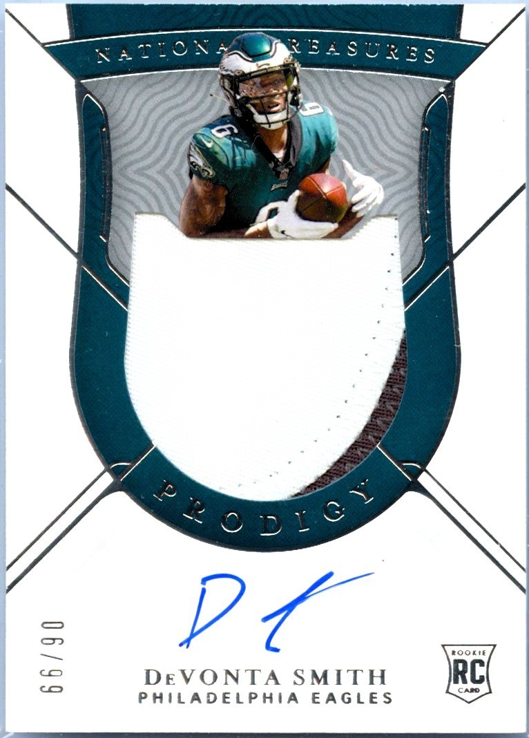 DEVONTA SMITH RC 2021 NATIONAL TREASURES PRODIGY ROOKIE PATCH AUTO JERSEY # 6/99