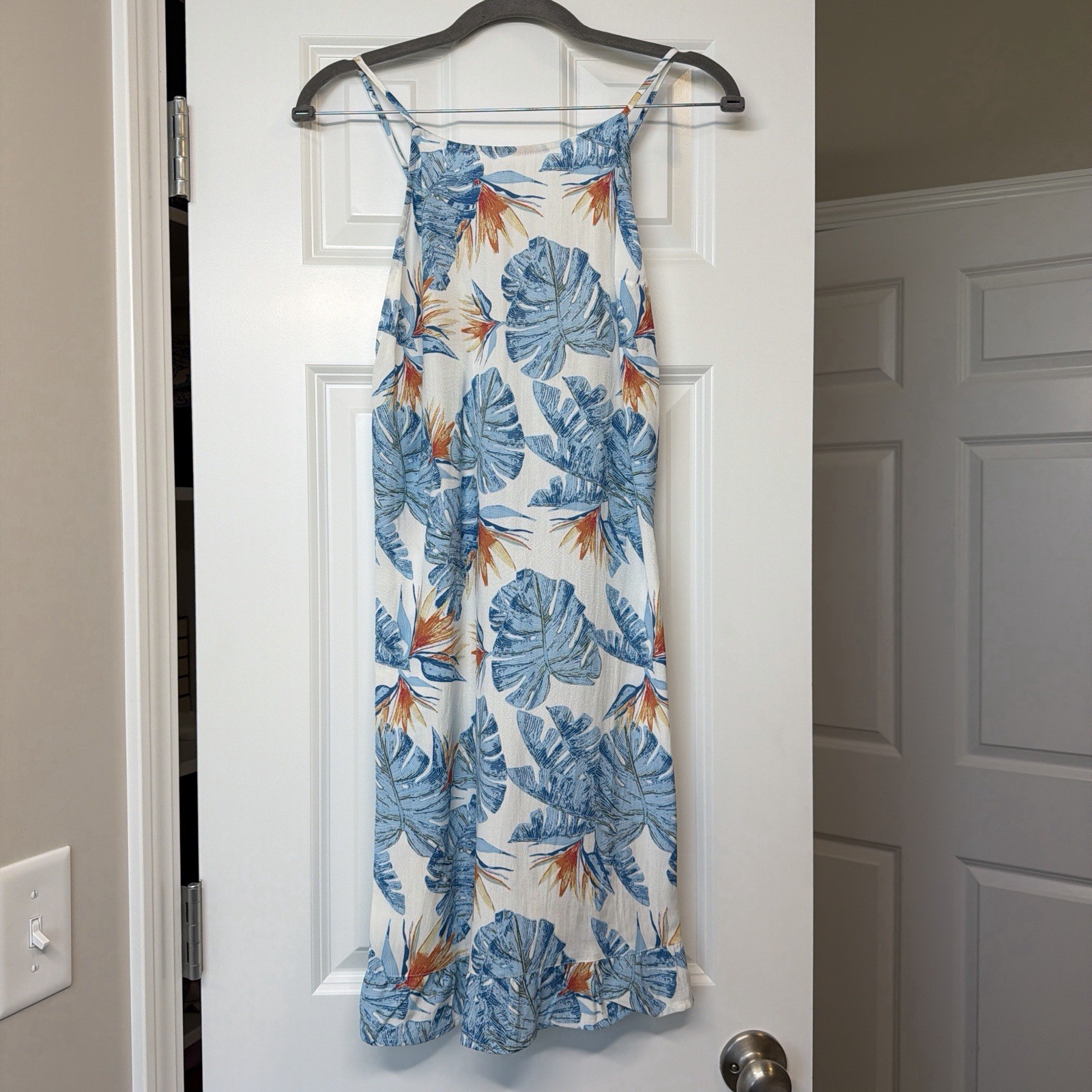 Roxy Women’s Tropical Midi Dress Blue White Orange Strappy Beach Dress Small