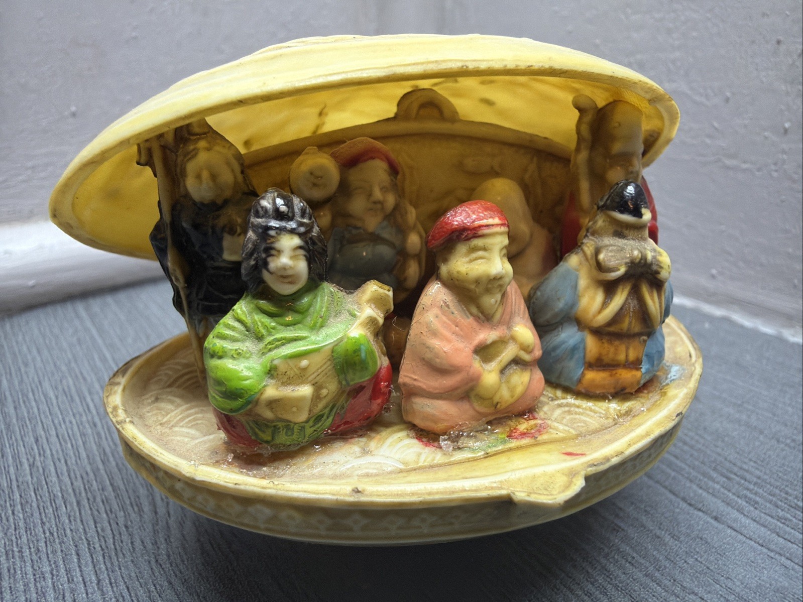 Vintage Japanese 7 Gods of Good Fortune Luck Celluloid Clamshell Diorama Japan