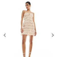 ASOS DESIGN tiered mini dress with contrast tie straps in stone SZ4